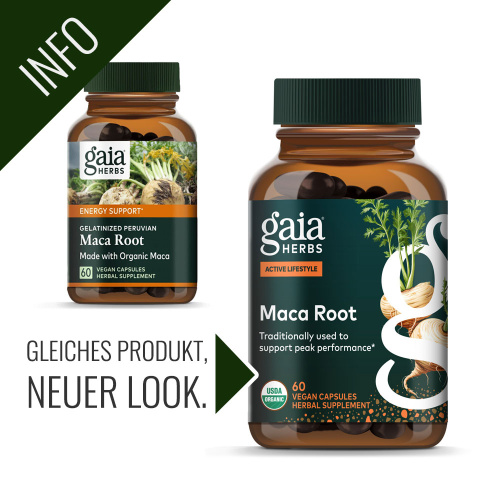 Neue Verpackung Maca Root Kapseln von Gaia Herbs