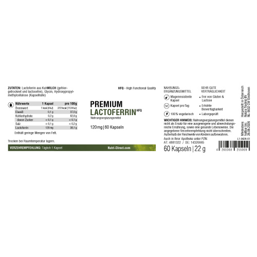 Premium Lactoferrin HFQ 120mg 60 Kapseln Etikett