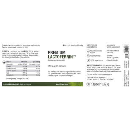 Premium Lactoferrin HFQ 250mg 60 Kapseln Etikett