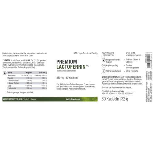 Premium Lactoferrin HFQ 250mg 60 Kapseln Etikett