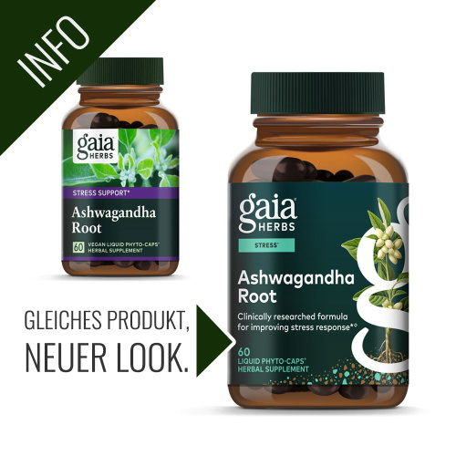 Neue Verpackung Ashwagandha Root Kapseln von Gaia Herbs