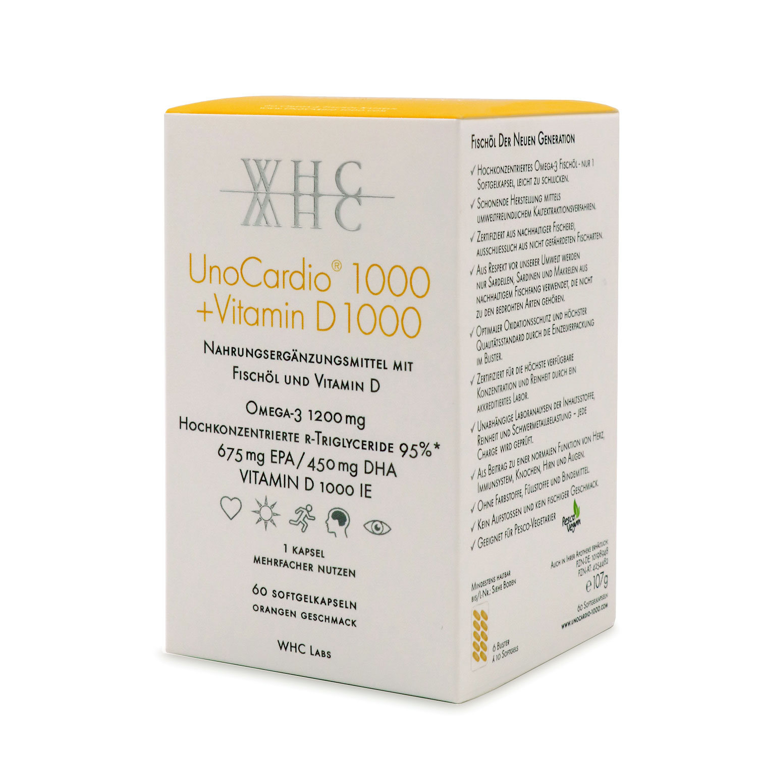 WHC UnoCardio 1000 + Vitamin D 1000 Omega-3 Kapseln, rTG
